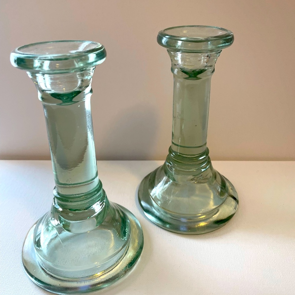 Green glass candlesticks. Set of 2